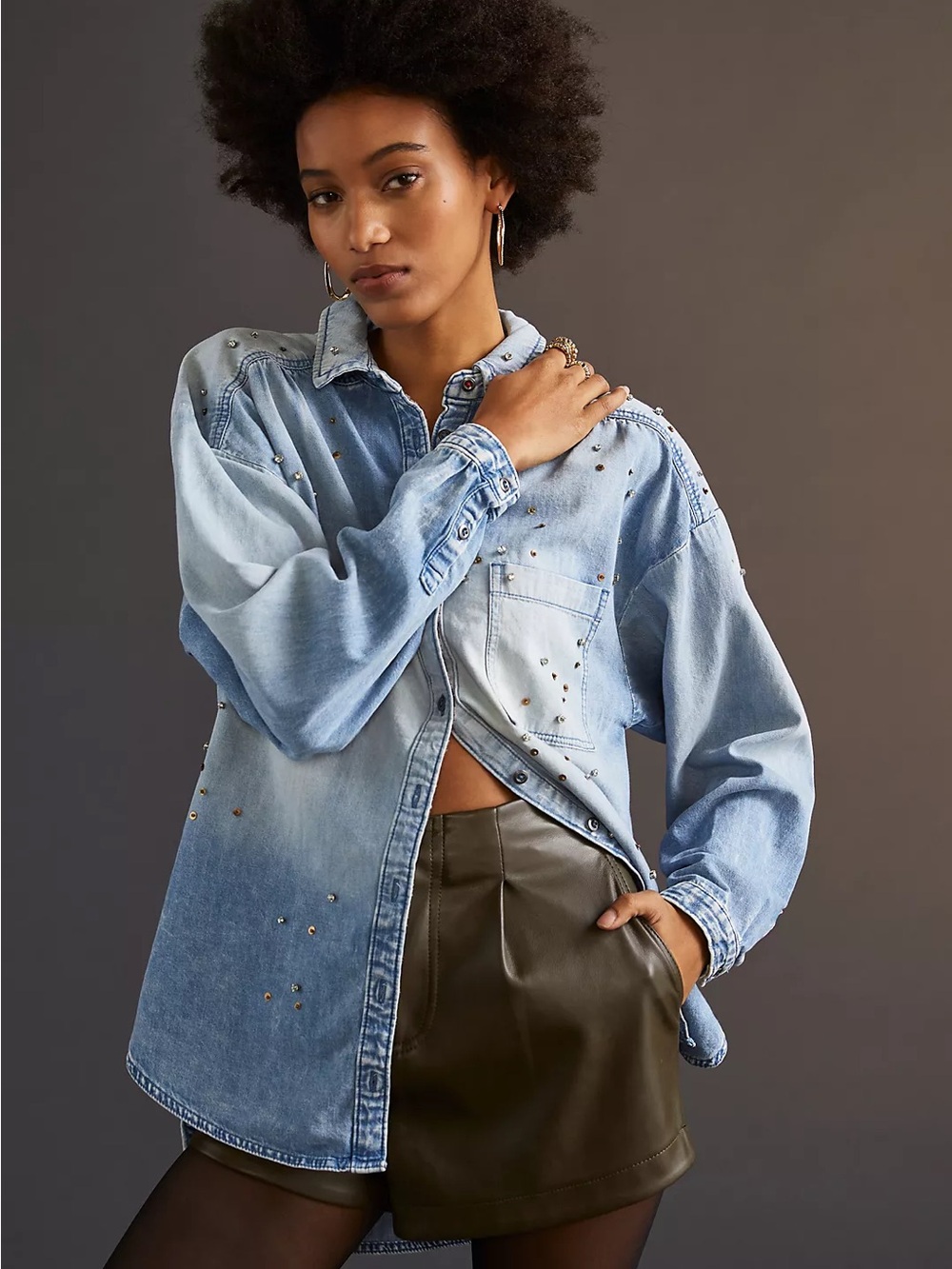 Pilcro The Bo Boyfriend Buttondown Women XL Blue Denim Rhinestone Studded